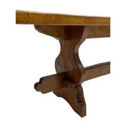 Gnomeman - adzed oak narrow bench, rectangular seat on shaped end supports united by pegged stretcher, carved with gnome signature, by Thomas Whittaker, Little Beck 