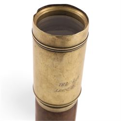 Early 20th century leather-bound three drawer brass telescope, inscribed 'Presented to The United States Government by Weedon Dawes Williams 24 State Street New York January 30 1918 US Navy no.20781', full length L75cm