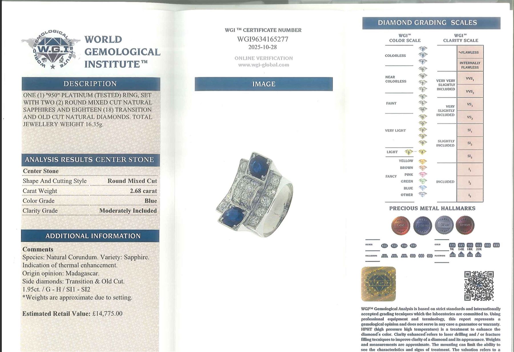 Platinum sapphire and diamond abstract design dress ring, pave set with eighteen old cut and round brilliant cut diamonds, with two mixed cut sapphires at each end, in a curved design setting, total sapphire weight approx 2.68 carat, total diamond weight approx 1.95 carat, with World Institute Report