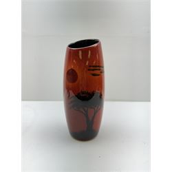 Poole pottery Form vase by Andrew Tanner, decorated with a silhouette of a tree beneath a red sun, together another with Poole pottery vase and dolphin, largest H24cm 