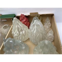 Five frosted glass Flambe lamp shades, together with three similar smaller examples and two coloured examples, and a quantity of other glass lampshades