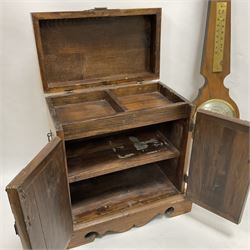 Wooden table top cabinet, with metal latch and twin handles, together with a barometer