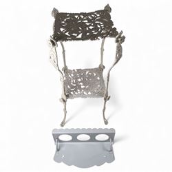 Cast metal white jardinière stand and a white enamel shelf (2)
