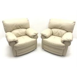  Three seat sofa upholstered in cream leather (W205cm) and pair matching armchairs (W94cm)  
