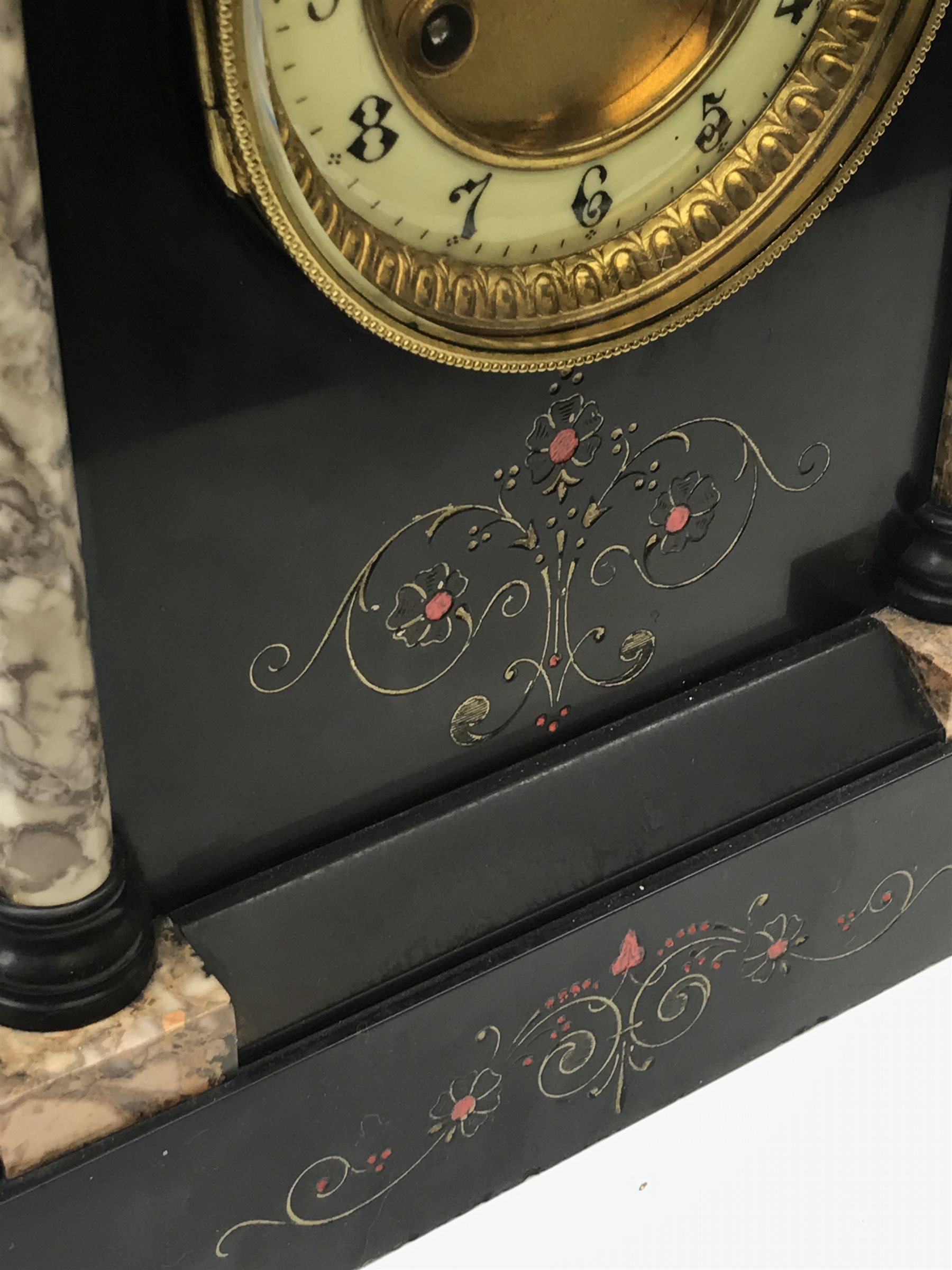 Victorian black slate mantel clock, stepped sloping pediment with marble inset, marble half column pilasters enclosing Arabic dial, twin train movement striking the hours and half on single coil, gilt and painted engraved detail, H35cm