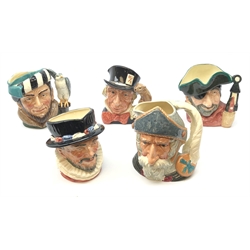  Five Royal Doulton character jugs comprising Mad Hatter, Beefeater, The Falconer, Don Quixote and Smuggler (5)   