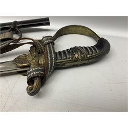 WW2 German Army Prinz Eugen Pattern Officers Dress Sword by Carl Eickhorn, the 80.5cm slightly curving fullered blade with makers name to the ricasso, gilt brass hilt with eagle to the cross-piece and relief of oakleaves to the ferrule, Prinz Eugen style down winged eagle to the pommel of the backstrap; grip retains the original wire binding; in original black painted scabbard with single hanging ring, leather hanger marked 'RZM M5/71 OLC' and silvered knot L97cm overall