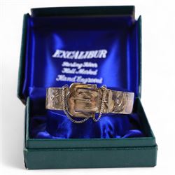 Silver cased open faced pocket watch, silver buckle bangle and a silver mother of pearl and marcasite pendant