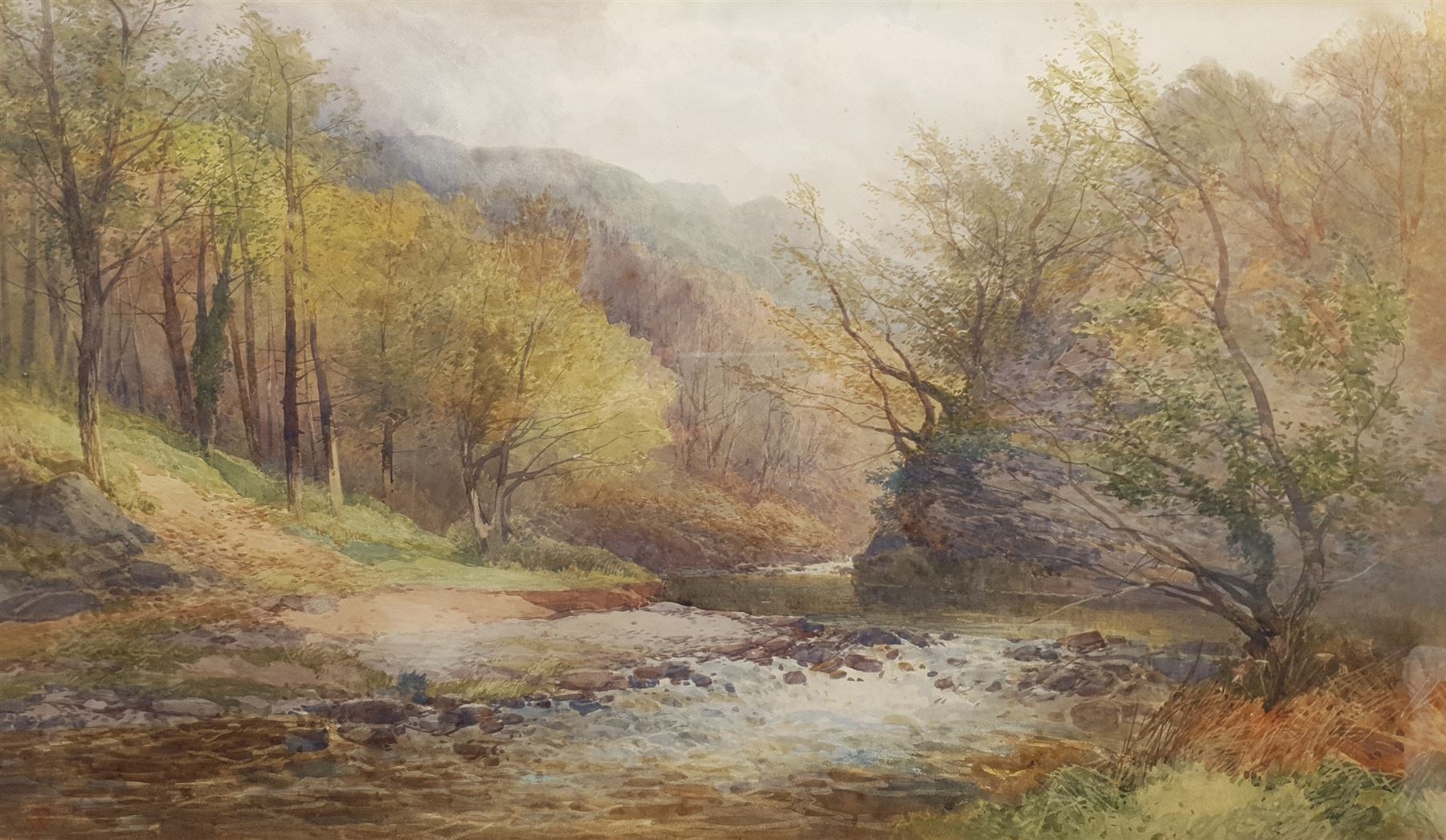 JW (British 19th/20th century): 'In The Gorge Lydford Dartmoor', watercolour signed with monogram, titled on label verso 74cm x 44cm