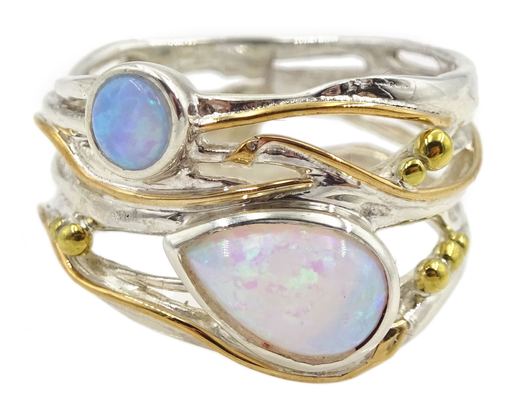 Silver and 14ct gold wire two stone opal ring, stamped 925