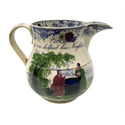 19th century transfer printed jug, inscribed 'The real Cabinet of Friendship', and 'Every one helped his Neighbour', H.5cm