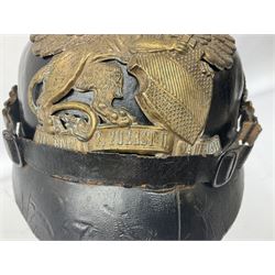 WW1 German leather Pickelhaube helmet with brass plate for Baden regiment, leather strap and leather part only of liner