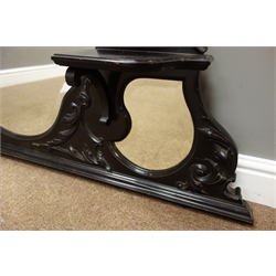  Victorian ebonised over mantel mirror, shaped bevelled glass plate, pediment with scrolled acanthus mounts and ribbon tie with shell, four candle shelves, 136cm x 135cm  