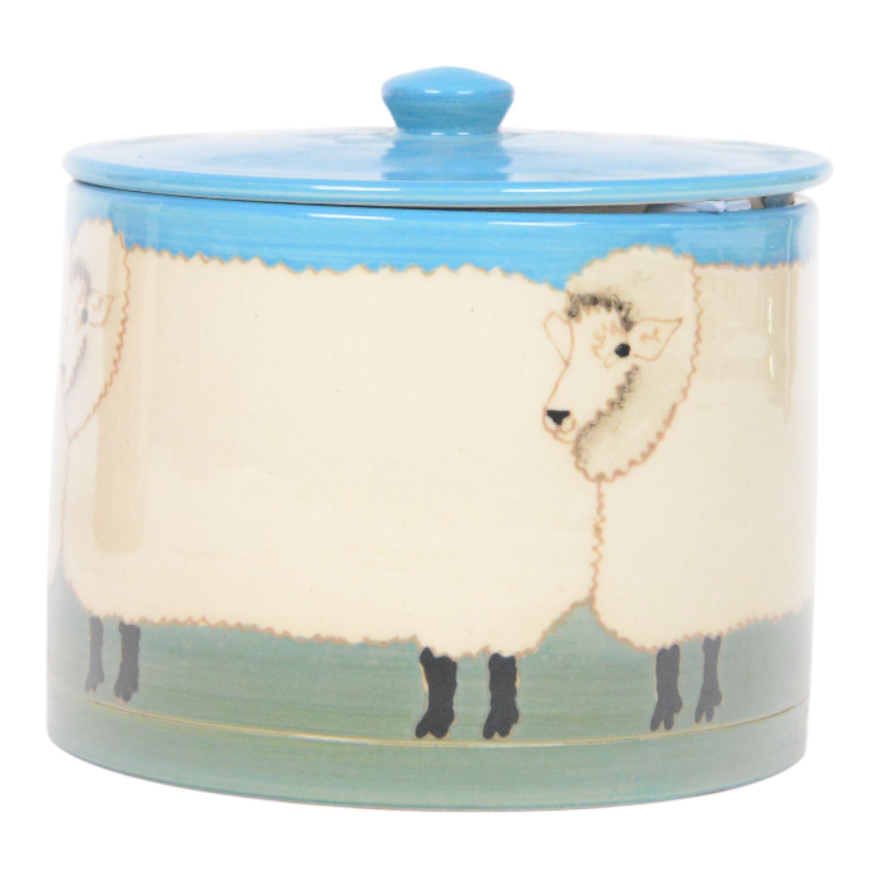 Dennis Chinaworks jar and cover, the body decorated with sheep, with a blue lid, impressed and painted marks beneath, H10cm