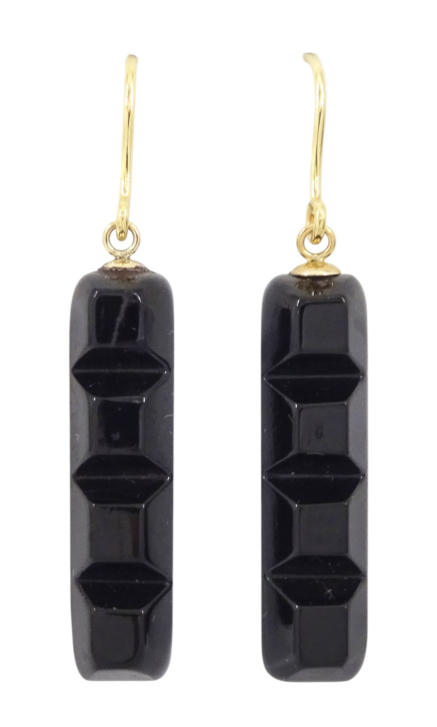 Pair of 9ct gold jet pendant earrings, stamped 375