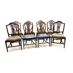 Set eight Hepplewhite style mahogany dining chairs, shaped splat, upholstered in floral fabric, moulded tapering supports 