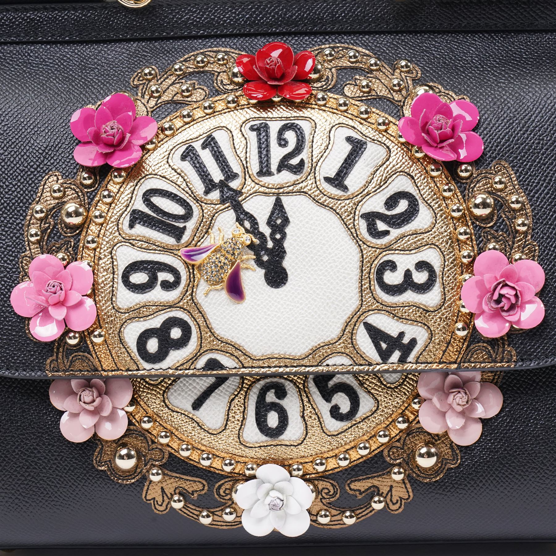 Dolce & Gabbana - 'Sicily Clock’ Medium Bag, from the Fairytale collection (Autumn/Winter 2016), in structured black textured leather, the front elaborately applied with a jewelled clock-face motif and floral embellishments, with top handle and detachable shoulder or crossbody strap, a limited production piece, unused with original box and dust bag
