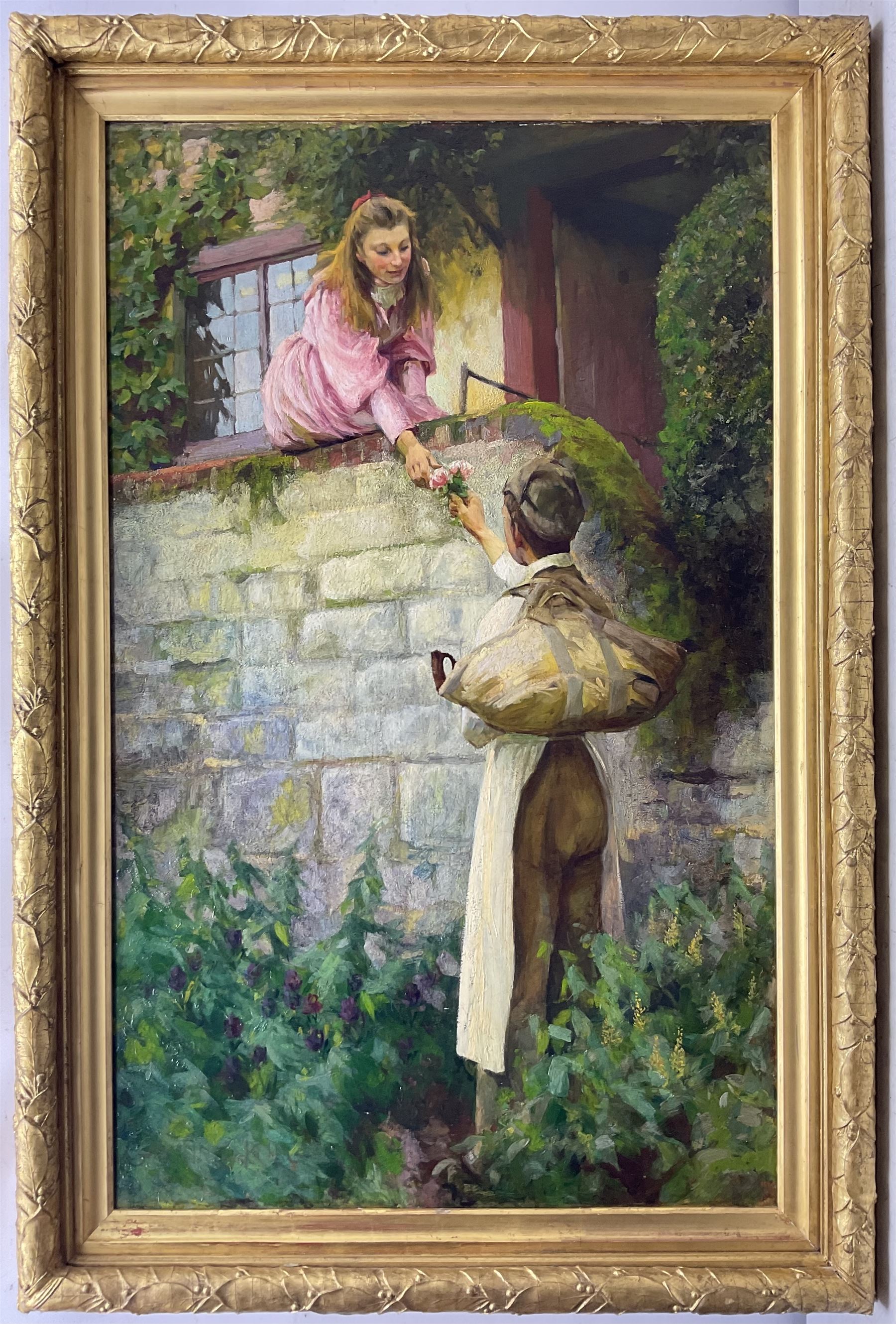 William Gunning King (British 1859-1940): 'June Roses', oil on canvas signed 105cm x 65cm
Provenance: private local collection, purchased Christie's 8th June 1989, Lot 58 (titled 'Lovers' Tryst'); exh. Royal Academy 1893 No.240 