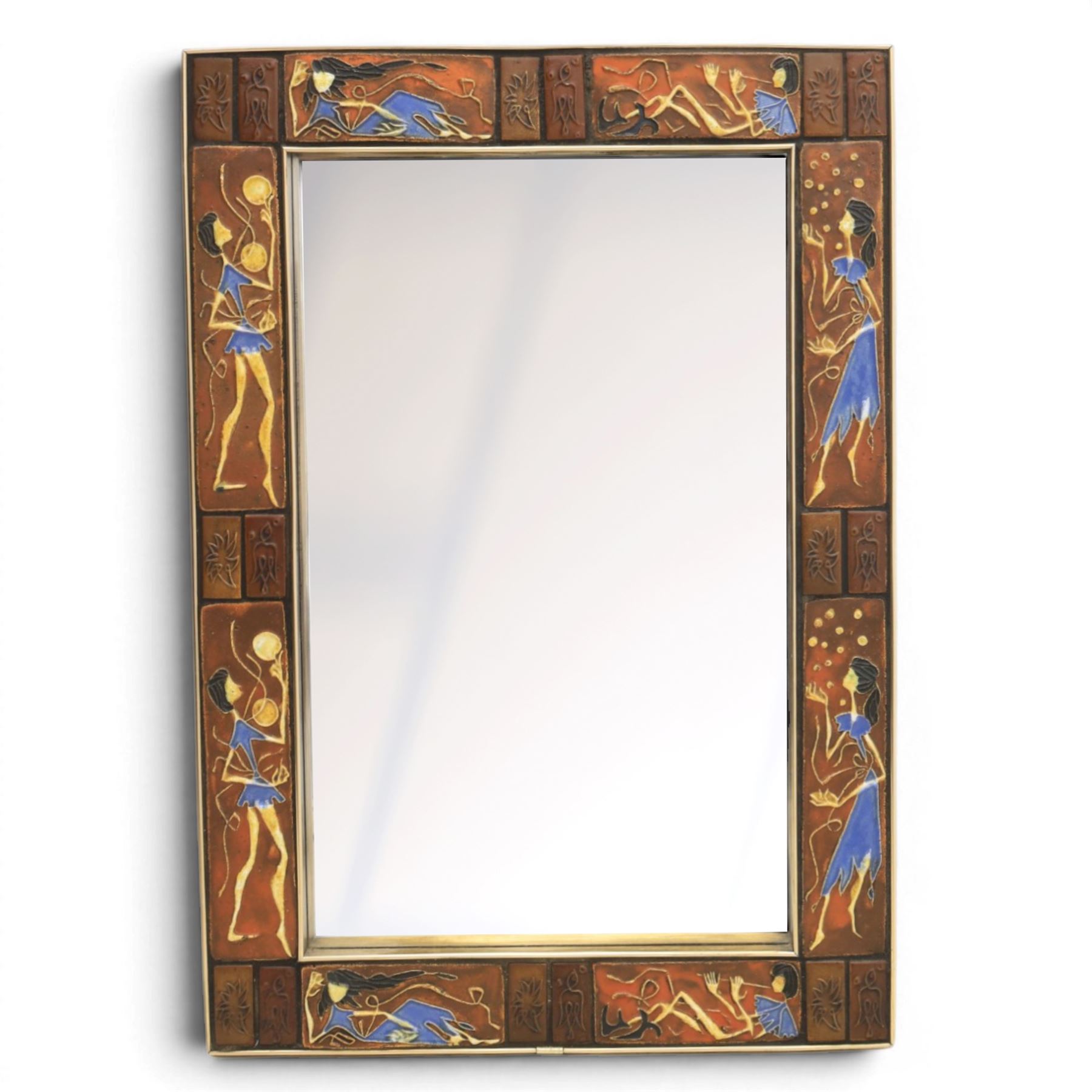 Mid-century Knitter Duro Brevete tiled rectangular wall hanging mirror, tiles decorated in relief with female figures, H58cm