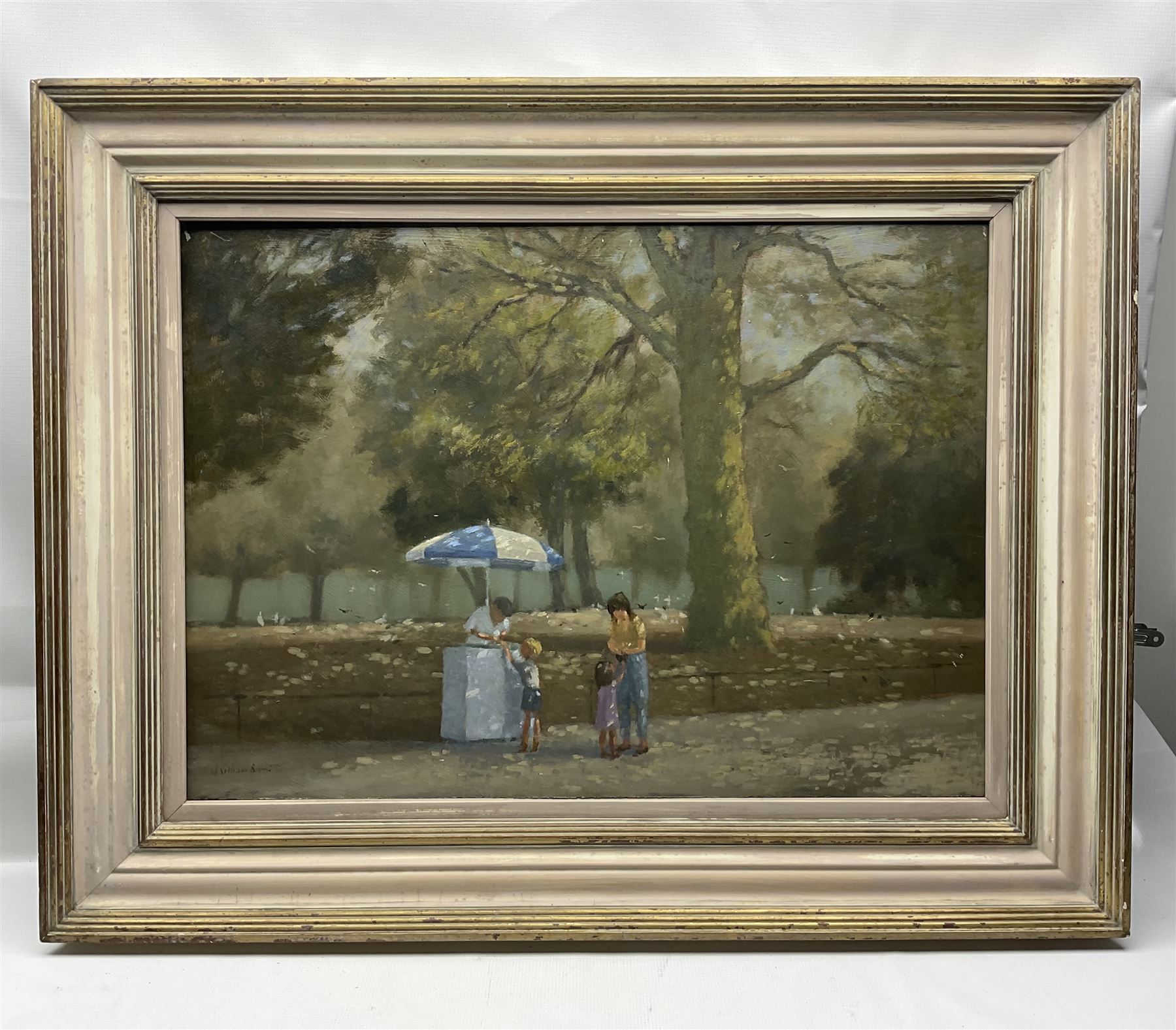 William Burns (Northern British 1923-2010): 'The Ice Cream Man - St James' Park', oil on board signed, titled verso 50cm x 70cm Provenance: Direct from the family of the artist. 
Notes: Born in Sheffield in 1923, William Burns RIBA FSAI FRSA studied at the Sheffield College of Art before the outbreak of the Second World War, during which he helped illustrate the official War Diaries for the North Africa Campaign, and was elected a member of the Armed Forces Art Society. On his return, he studied architecture at Sheffield University and later ran his own successful practice, being a member of the Royal Institute of British Architects. However, painting had always been his self-confessed 'first love', and in the 1970s he gave up architecture to become a full-time artist, having his first one-man exhibition in 1979.