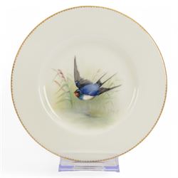 Four Royal Worcester hand painted ornithological plates, by W Powell, painted with a 'Chaffinch', 'Robin' 'Swallow' and 'Grasshopper Warbler', each named verso and bearing printed mark, D15cm 