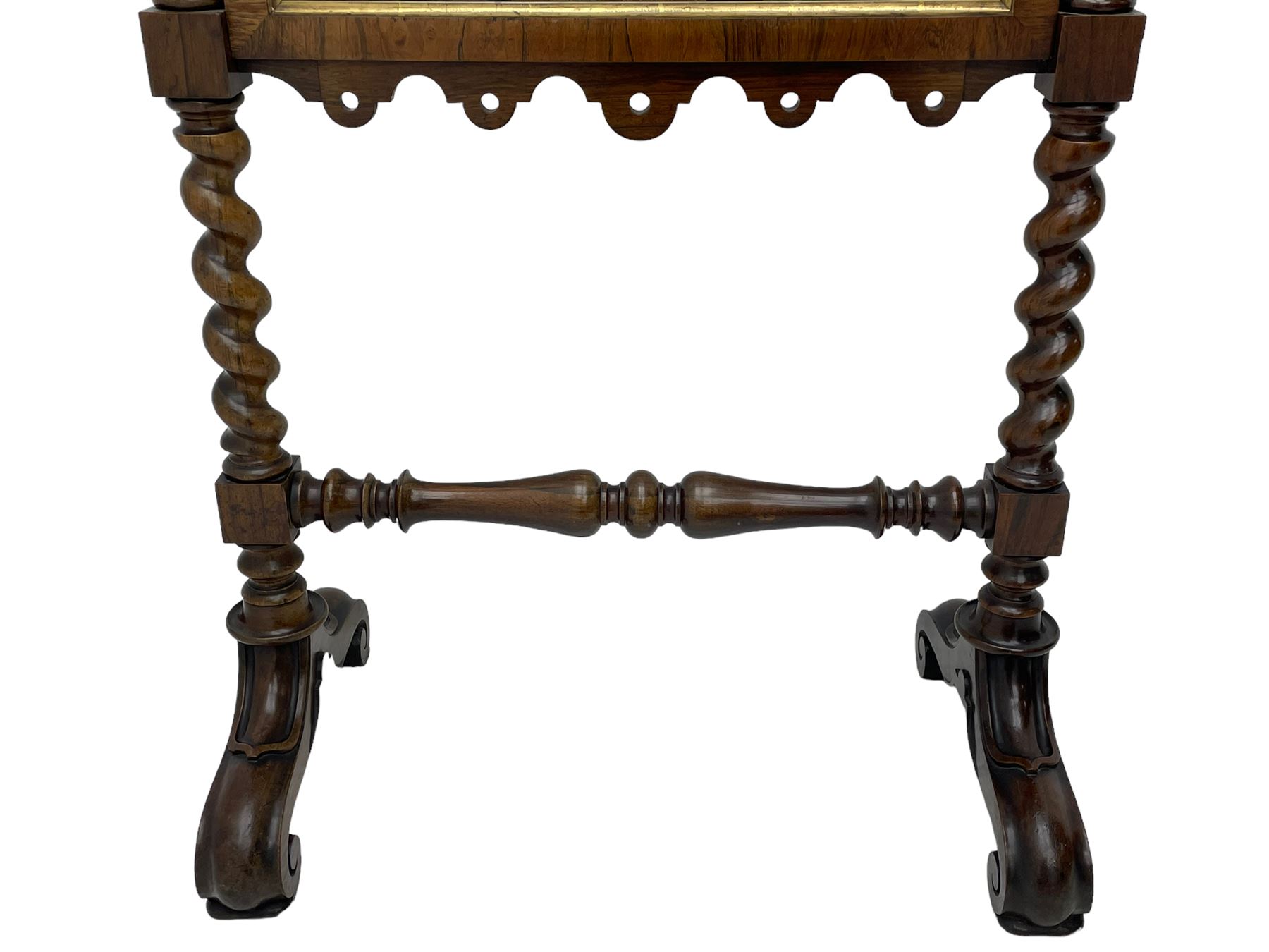 Victorian rosewood fire screen, scrolled foliage carved pediment, rectangular frame with moulded gilt slip enclosing figural needlework tapestry panel, on spiral turned supports with finials united by turned lower stretcher, on out-splayed feet with scroll carved terminals 
