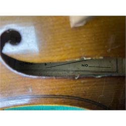 French violin for restoration with 36cm two-piece maple back and ribs and spruce top, bears label 'Lutherie Artistique M. Couturieux'; in wooden case; two modern three-quarter size violins in cases; and five violins for spares or repair