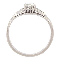 White gold single stone round brilliant cut diamond ring, with milgrain set diamond openwork shoulders, stamped 18ct, principal diamond approx 0.25 carat