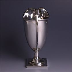 Edwardian silver helmet shaped cream jug, with plain bowl and upon a square base, hallmarked D & M Davis , Chester 1901, H13cm