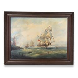 Michael J Whitehand (British 1941-): HMS Serapis and other British Vessels off the Coast, oil on canvas signed and dated '85, 65cm x 90cm