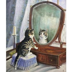 Graham Flight (20th century): Cat at the Dressing Mirror, oil on canvas signed with initials 60cm x 50cm