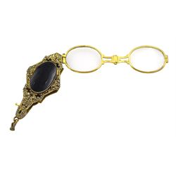 Pair of Art Deco gilt marcasite and black onyx pince-nez and two gold cubic zirconia stone set rings, both hallmarked 9ct