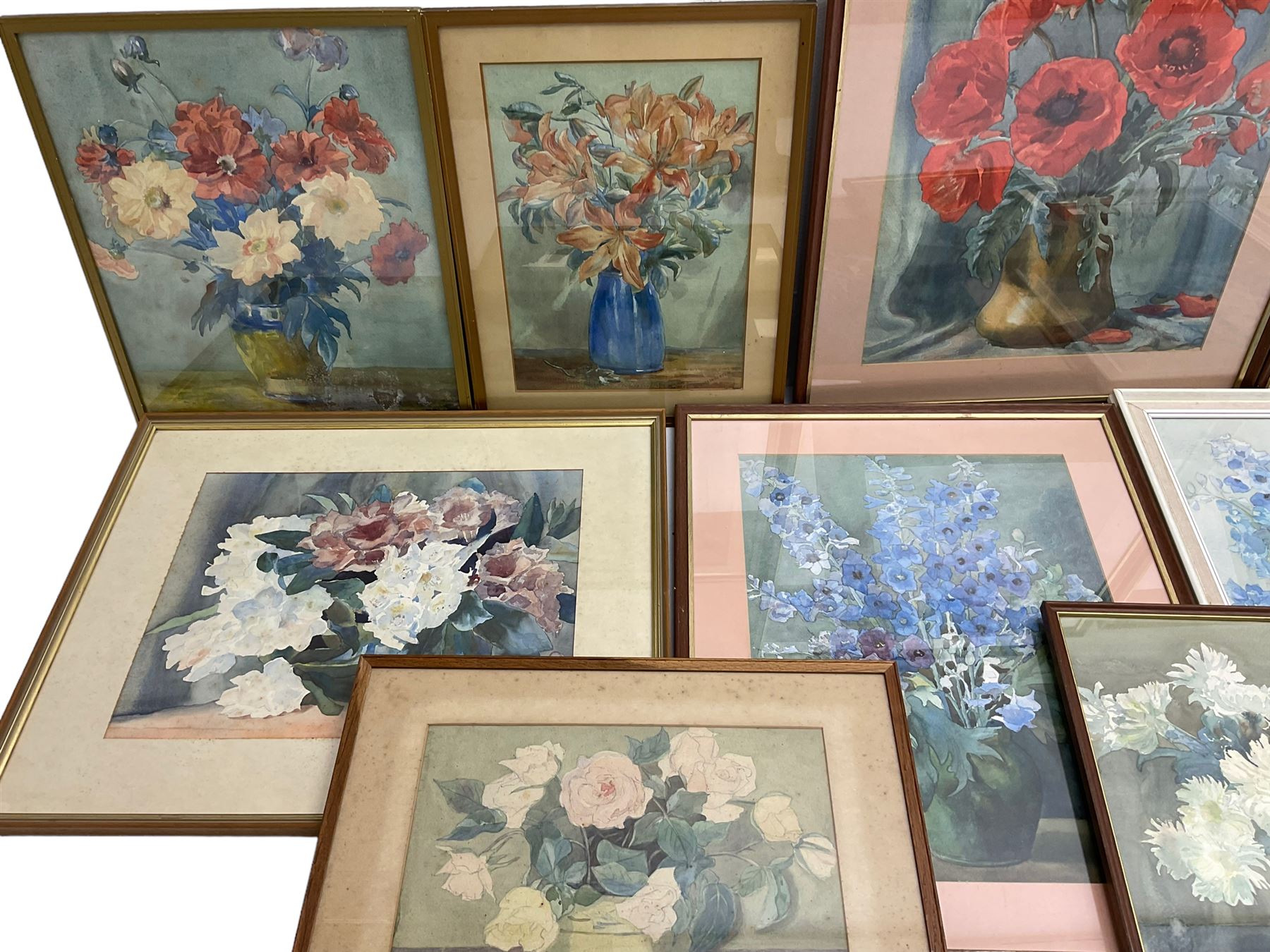 Olive Higginbottom (Yorkshire Early/Mid-20th century): Still Life of Delphiniums and 
Other Flowers, studio collection of watercolours, some signed and dated max 54cm x 38cm, in one box (10)