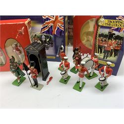 Britains - four Trooping the Colour sets 40109, 40110, 40112 & 40113; The Duke of Wellington with 95th Rifleman No.41160; and 8819 Lancer figure from the 16th Queens Lancers; all mint and boxed; together with a quantity of unboxed figures etc; and collection of books and magazines on model soldiers
