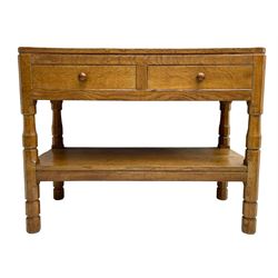 Mouseman - circa. 1950s oak serving table, adzed rectangular top over two drawers, on octagonal supports joined by adzed undertier, the rear right leg carved with mouse signature, by Robert Thompson of Kilburn