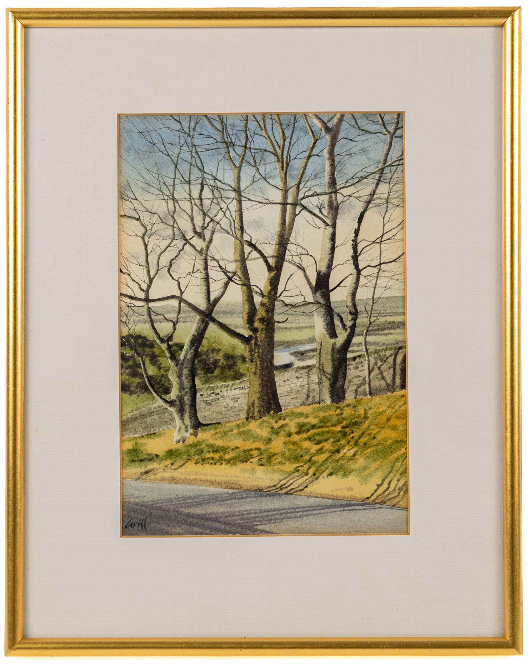 Pat Newton (British 20th century): 'Winter in West Norfolk' and 'The Farm in Winter', pair of acrylics signed, titled on label verso, in matching frames 19cm x 24cm; George 'Griff' Griffiths (British 1939-2017): 'Arthington Bank', watercolour signed, titled and dated 1977 on label verso 24cm x 16cm (3)