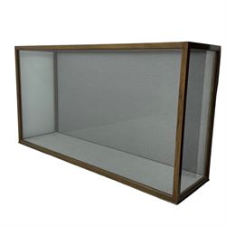 20th century oak display case, with four glass panels and felt lined back and base, H105cm, D53cm, L195cm 