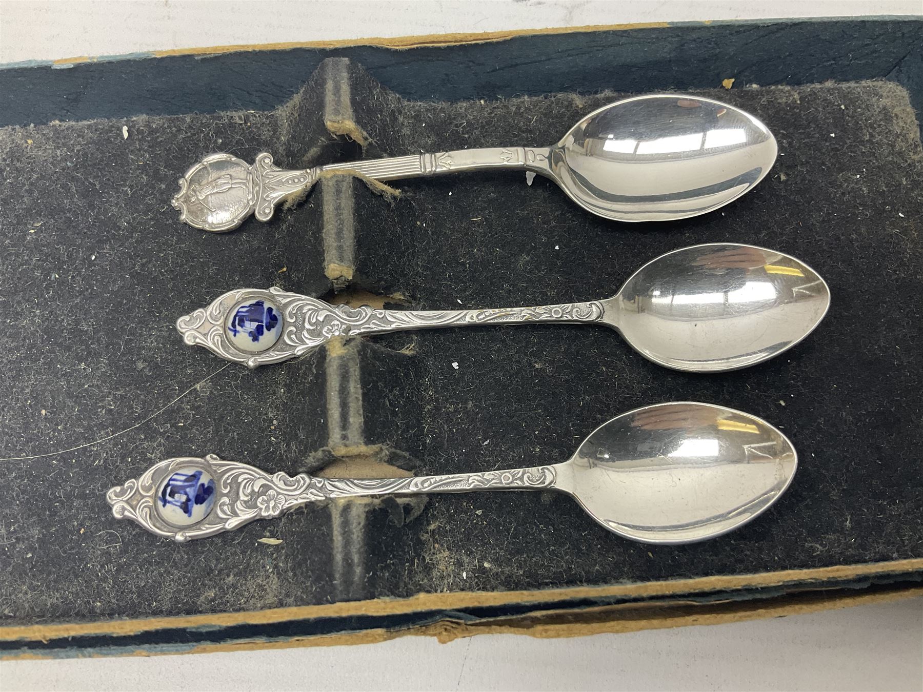 Modern silver specimen vase, of trumpet form, upon tapering knopped stem and weighted circular foot, hallmarked A T Cannon Ltd, Birmingham, date mark worn and indistinct, together with a Edwardian silver Dog Nose pattern fork and spoon set, hallmarked John Round & Son Ltd, Sheffield 1904, a silver coffee spoon, embossed with a golfing scene, hallmarked and two other spoons