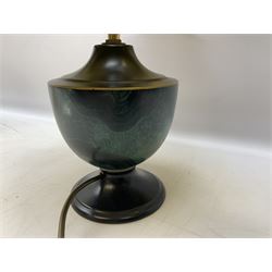Italian ceramic table lamp decorated with geometric green and black pattern on white ground with gilt metal square plinth base, together with a green and black marbled effect lamp by Holkham pottery, both with shades, tallest H47 incl shade