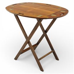 Mid 19th century mahogany butler's tray and stand, the rectangular tray with curved folding handles, opening flat, supported upon an X frame stand  