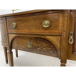 Edwardian mahogany sideboard, figured shaped top with satinwood banding and box wood stringing, raised brass rail with turned supports and finials, fitted with two drawers and two cupboards, inlaid with trailing and scrolled husks and urns, drawer front inlaid with shell spandrels, raised on square tapering supports, W168cm, H98cm (excluding rail), H129cm (including rail), D60cm