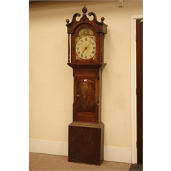  Early 19th century oak and mahogany longcase clock, dial painted with lady in garden scene, 30-hour movement striking on bell, H223cm  