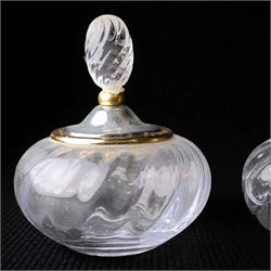  Glass vanity dish and pair of lidded vessels, retailed by Harrods, dish L17cm, H7cm