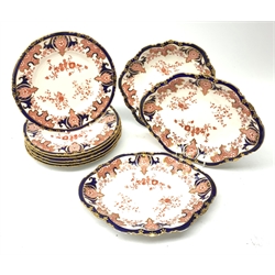 A selection of early 20th century Crown Derby Imari 4542 pattern wares, comprising a pair of oval lobe edged dishes, L26.5cm, a further lobed dishes, L23.5cm, and six dessert plates, D22cm.