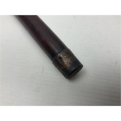 Victorian magician's cane, the mahogany walking stick twisting apart to reveal an internal mechanism, opening to tripod and black silk fold out magician's table, with horn handle and silver mount, hallmarked Birmingham 1891