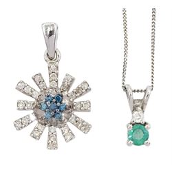 9ct white gold blue and white diamond starburst pendant and a 9ct white gold emerald and diamond pendant, on 18ct white gold chain