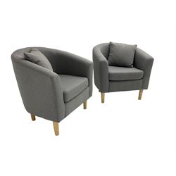Pair small tub chairs, upholstered in graphite grey fabric and raised on tapered feet
