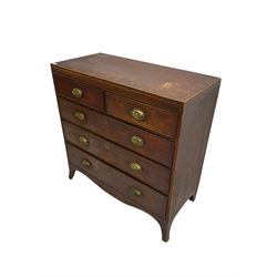 Early 19th century mahogany chest, two short and three long graduating drawers, on splayed bracket feet