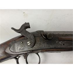 19th century flintlock converted to percussion sporting gun by Davidson of Danby, approximately 16-bore, the 81cm octagonal to round barrel with ramrod under, walnut stock with steel furnishings L122cm overall