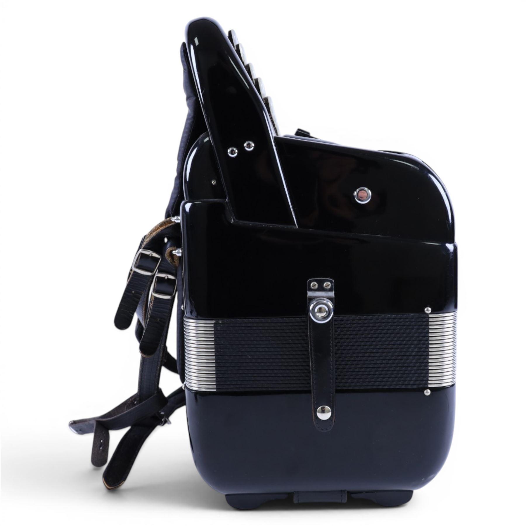 Borsini Professional 5-Row Chromatic button accordion, with 92 white pearlescent chromatic buttons and 136 bass buttons, possibly a custom model, in black high gloss case, with carry strap and original hard carrycase